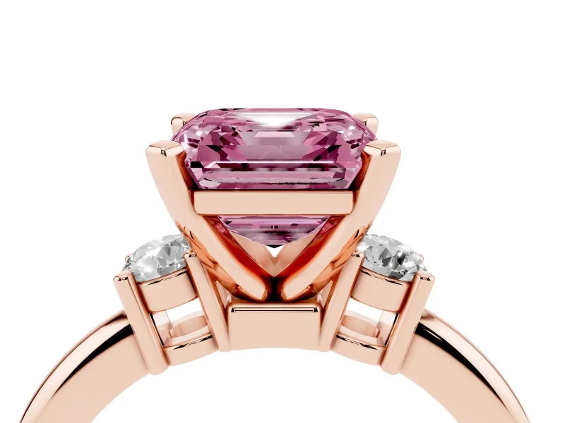 Fancy Pink Three-Stone Asscher Cut Diamond Ring Set in Rose gold with Prong Setting and Plain Band