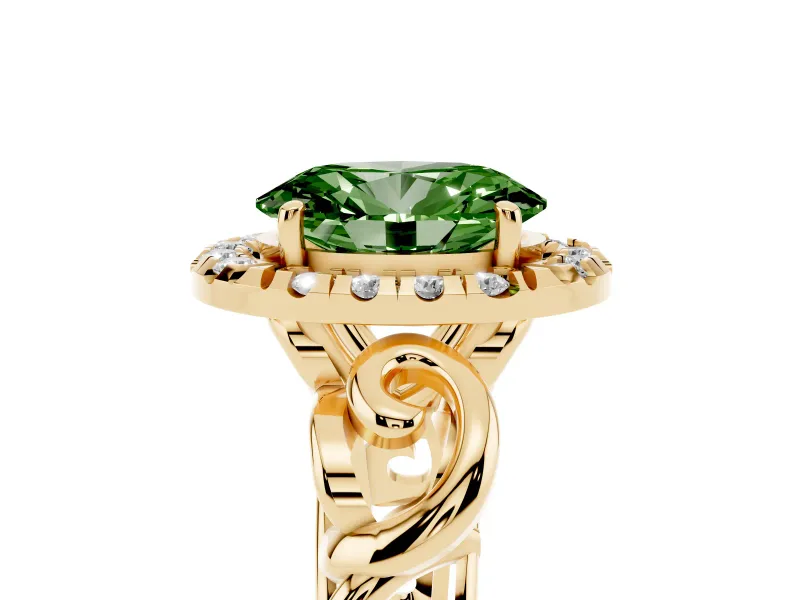 Fancy Green Oval Cut Diamond Halo Ring Set in Yellow gold with Scrollwork Band and Prong Setting