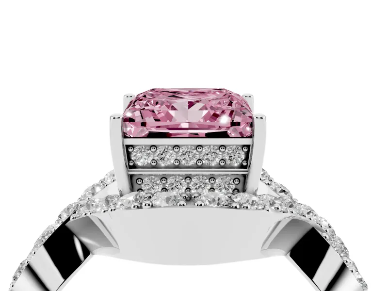 Fancy Pink Princess Cut Diamond Solitaire Twist Band Pavé Engagement Ring Set in Platinum