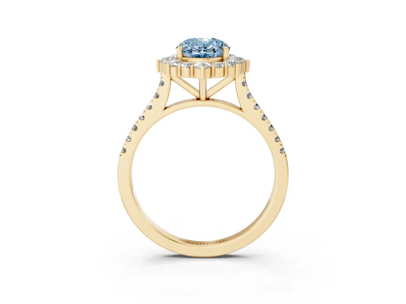 Oval Scalloped Halo Engagement Ring Setting for a Fancy Blue Lab-Grown Diamond | Single Row Pave | Yellow Gold