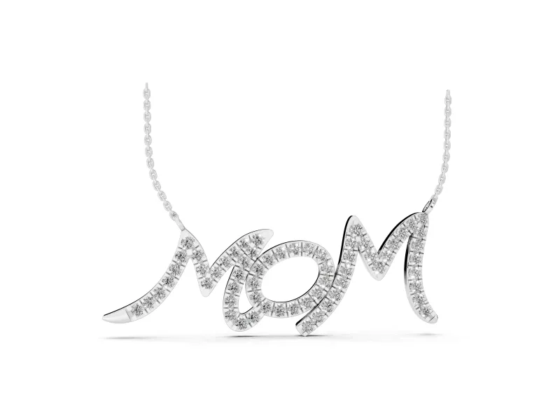 Round Lab-Grown Diamond Pavé Mom Script Pendant Necklace | Connected Letters | Sterling Silver