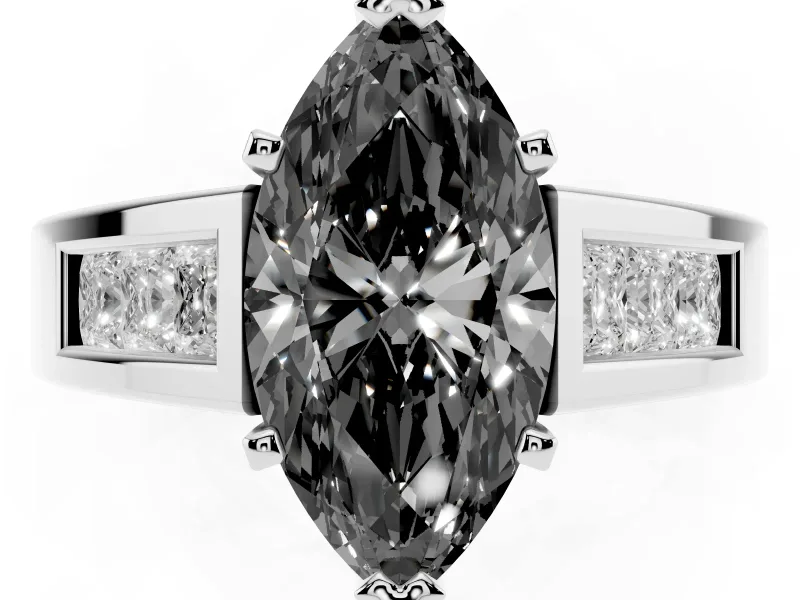 Marquise Channel-Set Engagement Ring Setting for a Black Center | Princess Side Stones | Platinum