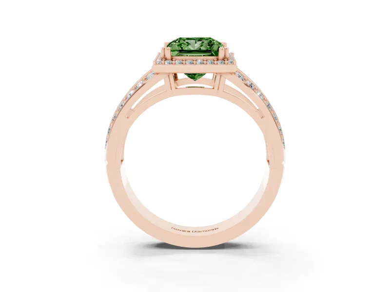 Princess Cut Halo Engagement Ring Setting for a Fancy Green Lab-Grown Diamond | Two-Row Pave Split Shank | Rose Gold