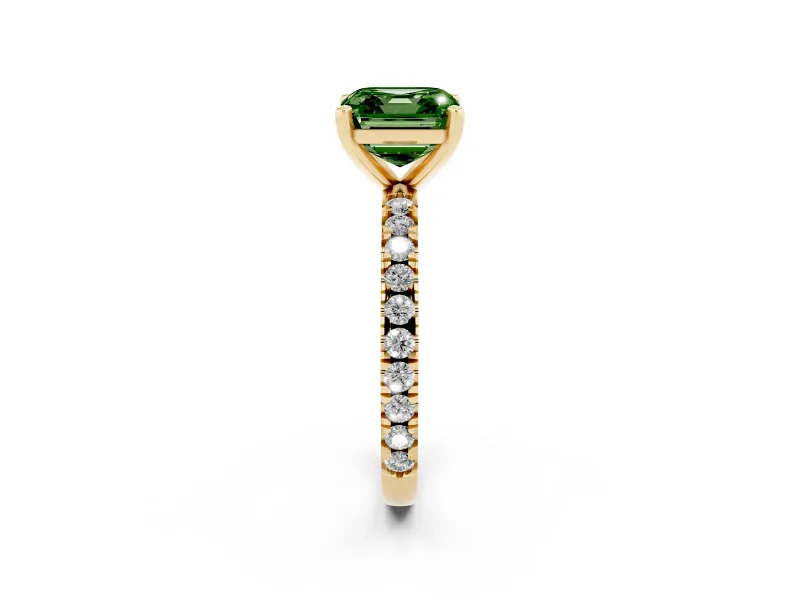 Fancy Green Asscher Cut Diamond Pavé Band Solitaire Set in Yellow gold with Prong Setting