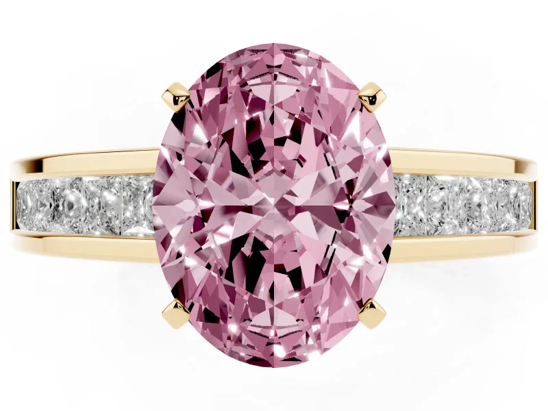 Fancy Pink Oval Cut Diamond Solitaire Ring Set in Yellow gold with Channel-Set Band and Prong Setting