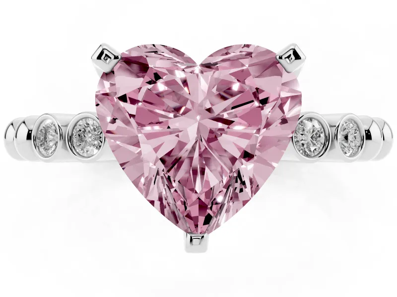 Fancy Pink Heart Cut Diamond Solitaire Engagement Ring Set in Silver with Bezel Accents on Beaded Band