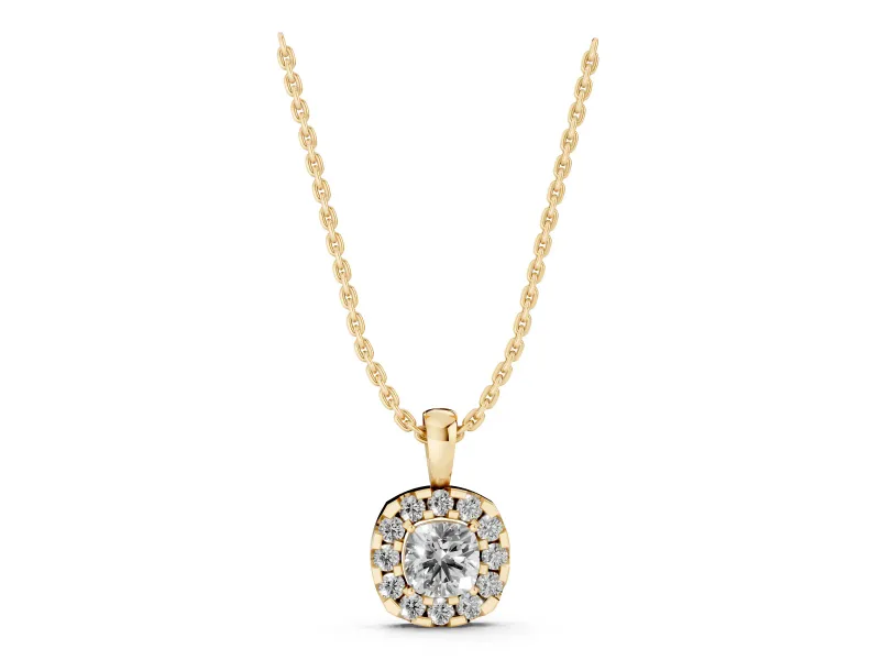 Cushion Cut Lab-Grown Diamond Halo Pendant Necklace | Polished Bail | Yellow Gold