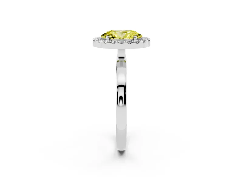 Fancy Yellow Oval Cut Diamond Halo Solitaire Ring Set in Silver with Pavé Band and Prong Setting