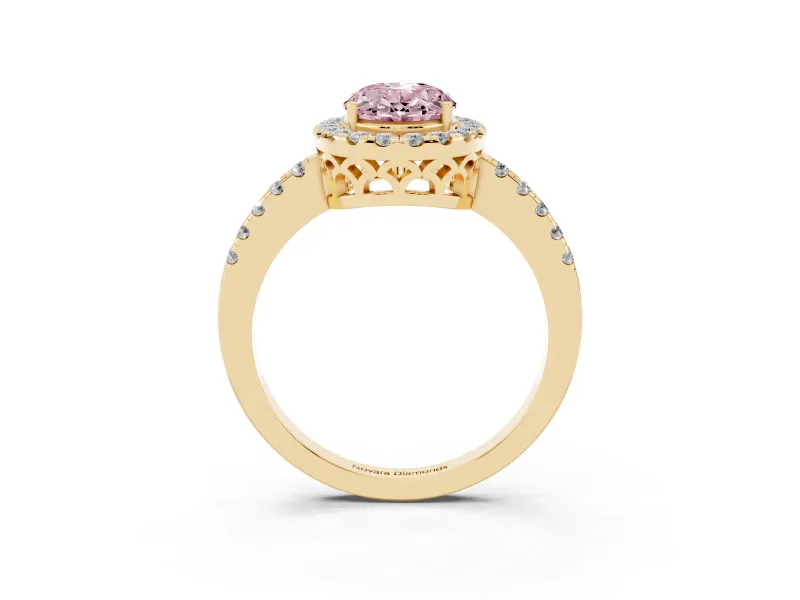 Fancy Pink Oval Cut Diamond Pavé Band Halo Engagement Ring Set in Yellow gold with Prong Setting