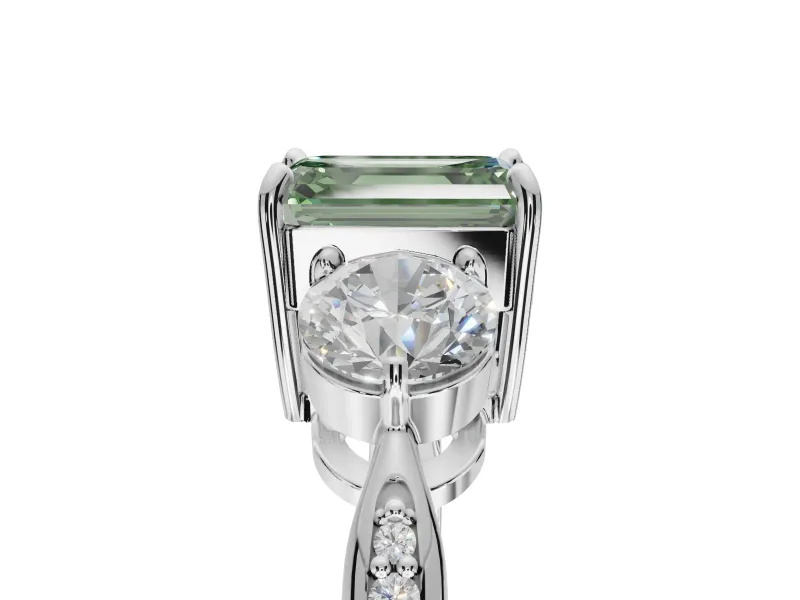 Emerald Cut Three Stone Engagement Ring Setting for a Fancy Green Lab-Grown Diamond | Tapered Pave Band | White Gold
