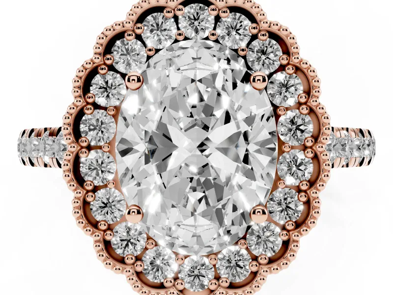 Oval Vintage Milgrain Floral Halo Engagement Ring Setting | Pavé Band | Rose Gold