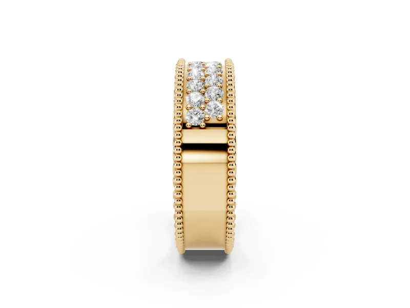 Round Lab-Grown Diamond Wide Double Row Pavé Wedding Band | Notched Side Walls | Yellow Gold