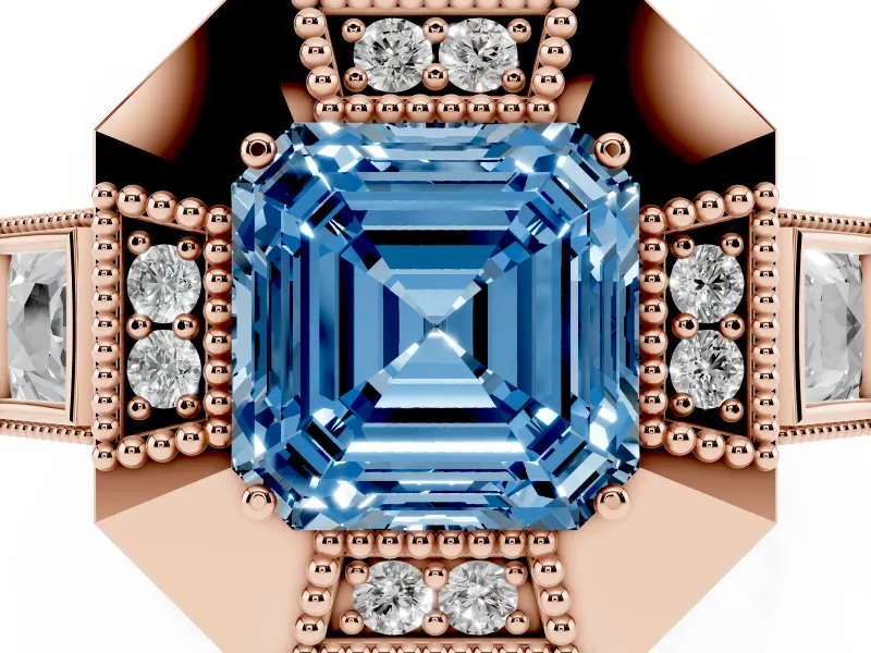 Fancy Blue Asscher Cut Diamond Milgrain Halo Ring Set in Rose gold with Split Shank