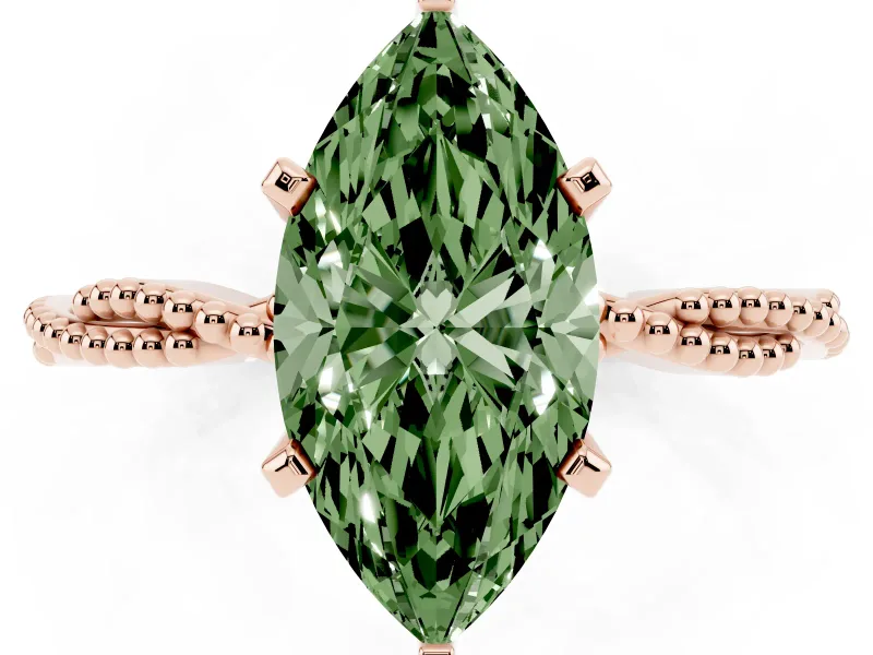 Fancy Green Marquise Cut Diamond Solitaire Ring Set in Rose gold with Twisted Band and Bead Prong Setting