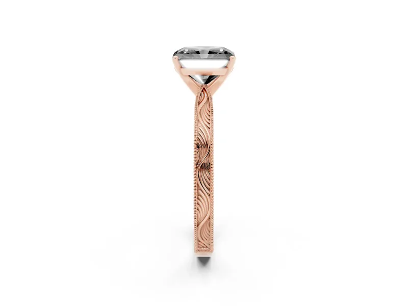 Fancy Black Radiant Cut Diamond Solitaire Milgrain Engraved Band Set in Rose gold with Prong Setting