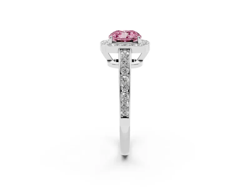 Fancy Pink Cushion Cut Diamond Halo Pavé Engagement Ring Set in White gold with Bezel Setting