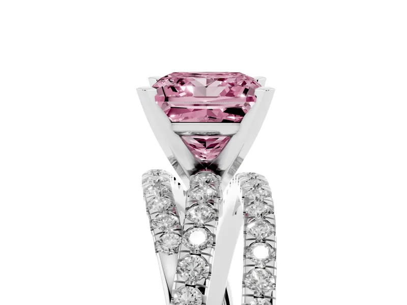 Fancy Pink Princess Cut Diamond Solitaire Twist Band Ring Set in Platinum with Pavé Setting and Prong Head