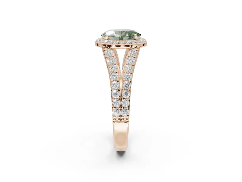 Oval Halo Pavé Engagement Ring Setting for a Fancy Green Lab-Grown Diamond | Narrow Split Shank | Rose Gold