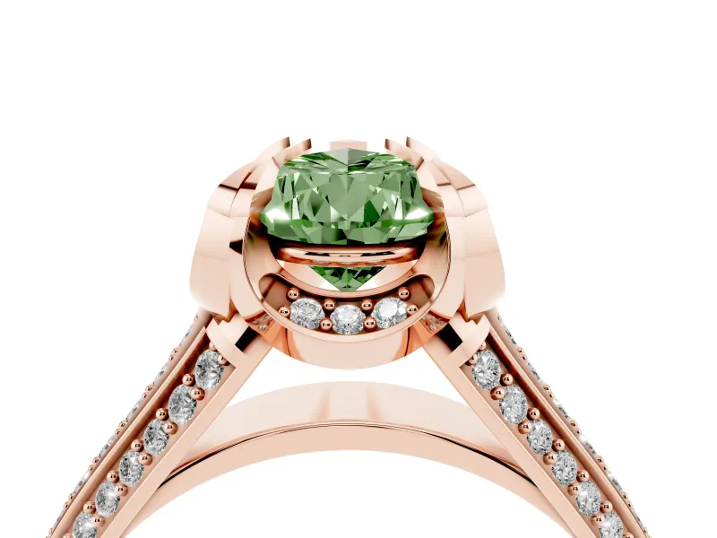 Fancy Green Pear Cut Diamond Pavé Split Shank Solitaire Ring Set in Rose gold with Prong Setting