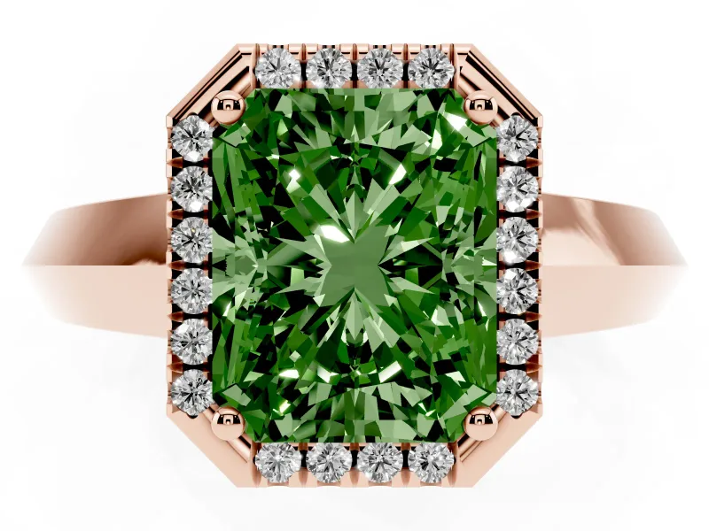 Radiant Cut Knife-Edge Halo Engagement Ring Setting for a Fancy Green Lab-Grown Diamond | Rose Gold
