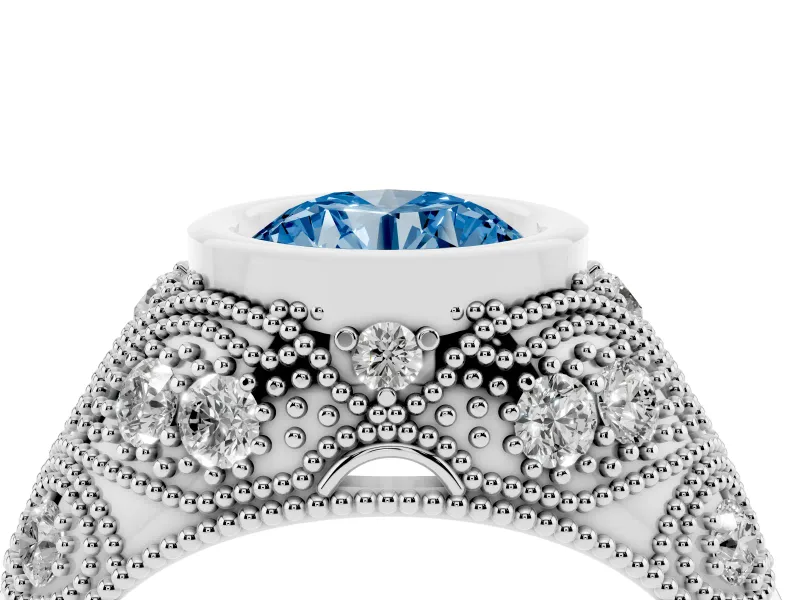Fancy Blue Round Cut Diamond Bezel Ring Set in White gold with Milgrain Accent Band
