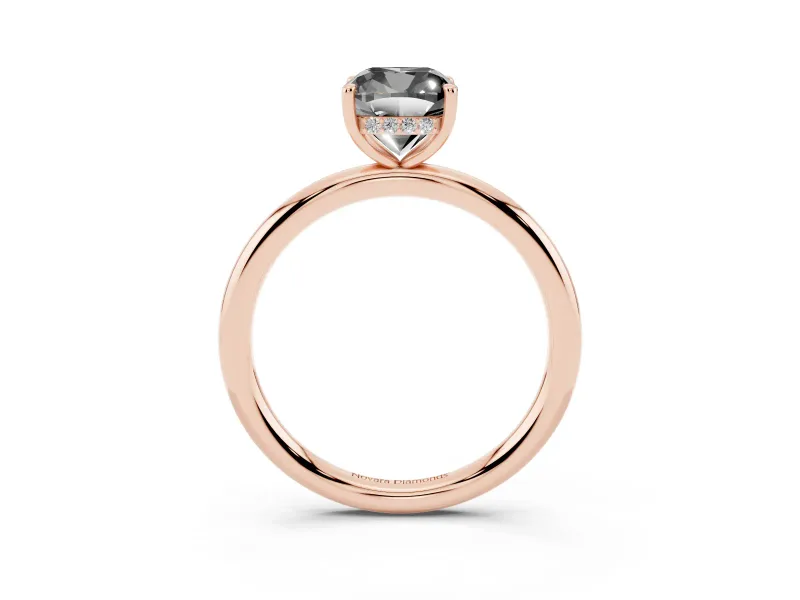 Fancy Black Cushion Cut Diamond Solitaire Ring Set in Rose gold with Thin Band and Prong Setting