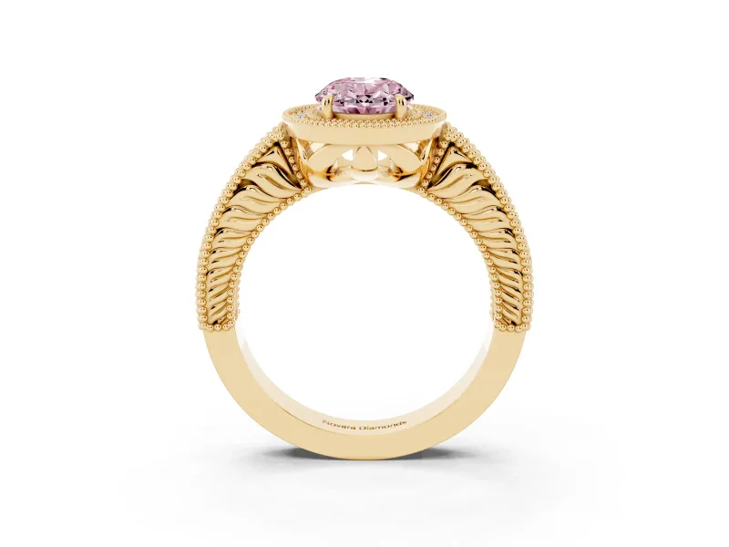 Fancy Pink Oval Cut Diamond Halo Ring Set in Yellow gold with Round Accent Halo, Pavé Band and Prong Setting