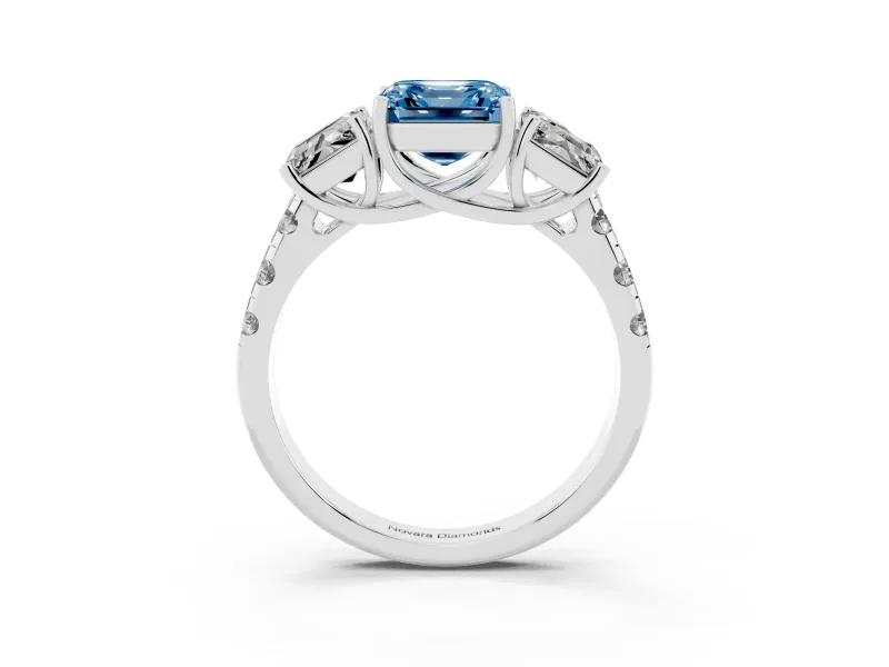 Asscher Cut Three Stone Engagement Ring Setting for a Fancy Blue Lab-Grown Diamond | Accented Shoulders | Platinum