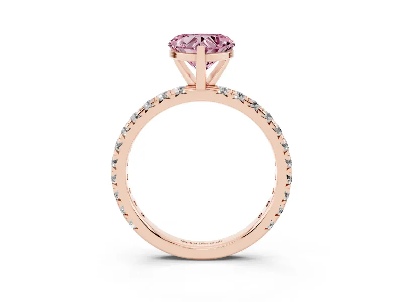 Fancy Pink Heart Cut Diamond Pavé Solitaire Ring Set in Rose gold with Round Band and Prong Setting