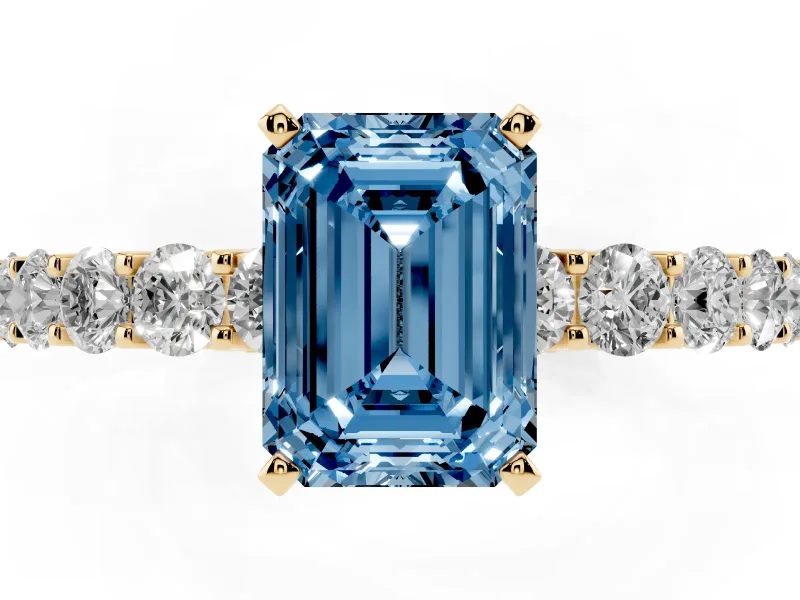 Emerald Cut Shared Prong Engagement Ring Setting for a Fancy Blue Lab-Grown Diamond | Yellow Gold