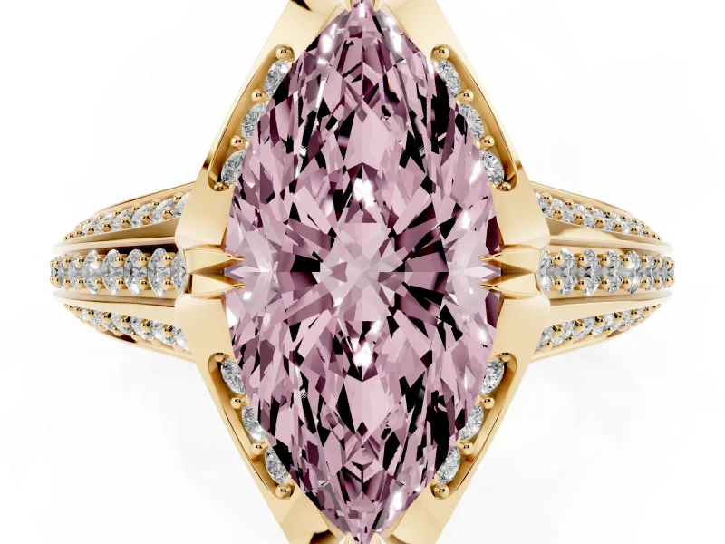 Marquise Hidden Halo Engagement Ring Setting for a Fancy Pink Lab-Grown Diamond | Triple Row Pavé Band | Yellow Gold