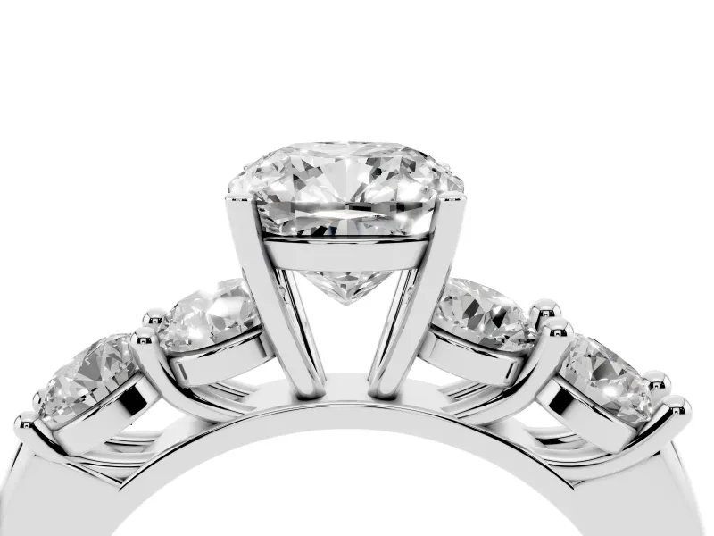 Cushion Cut Five Stone Engagement Ring Setting | Prong Set Side Stones | White Gold