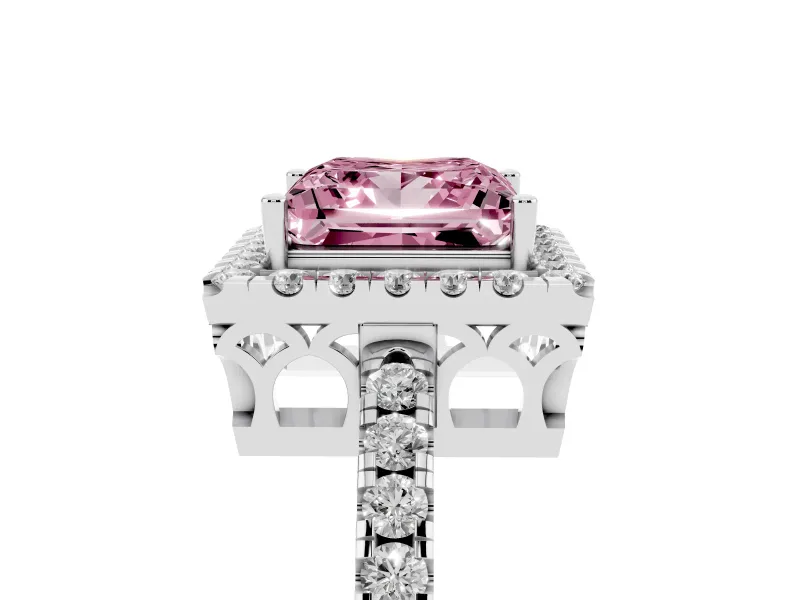 Fancy Pink Princess Cut Diamond Pavé Band Halo Engagement Ring Set in Platinum with Prong Setting