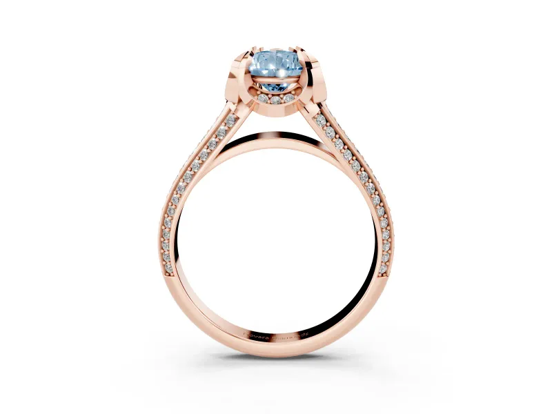Fancy Blue Pear Cut Diamond Pavé Split Shank Solitaire Ring Set in Rose gold with Prong Setting