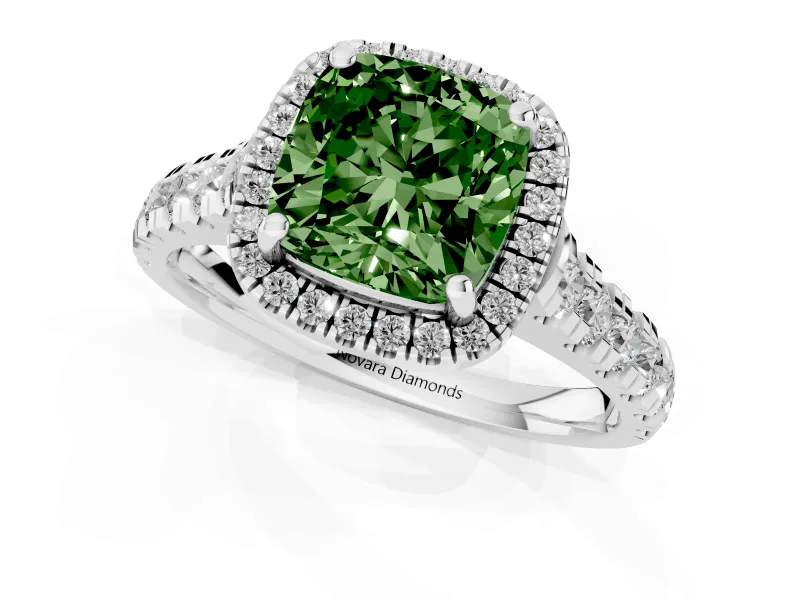 Cushion Cut Accented Halo Engagement Ring Setting for a Fancy Green Lab-Grown Diamond | Platinum