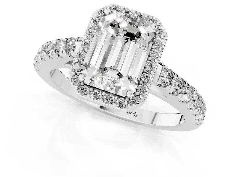 Emerald Cut Halo Pavé Engagement Ring Setting | Single Row Shoulders | Sterling Silver