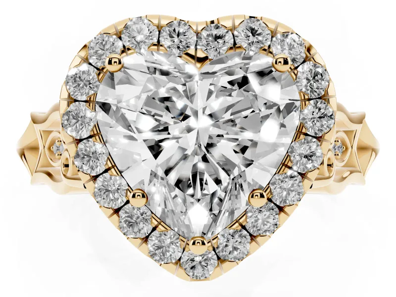 Heart Cut Diamond Halo Engagement Ring Set in Yellow gold with Filigree Band and Prong-Set Center