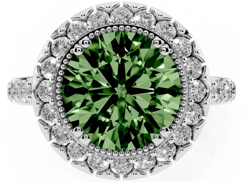 Round Vintage Milgrain Halo Engagement Ring Setting for a Fancy Green Lab-Grown Diamond | Pierced Gallery | White Gold