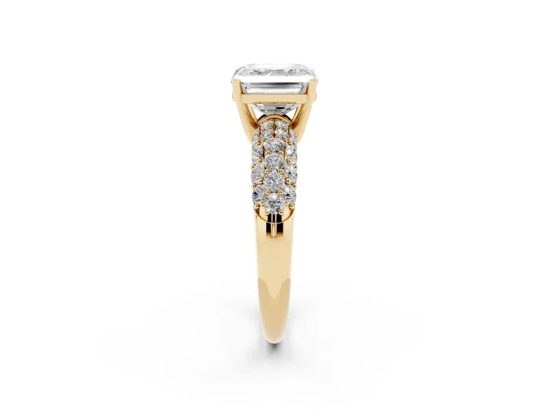 Asscher Cut Multi Row Pave Solitaire Engagement Ring Setting | Domed Shoulders | Yellow Gold