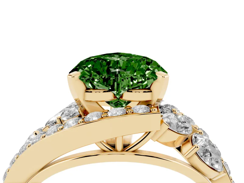 Fancy Green Heart Cut Diamond Halo Ring Set in Yellow gold with Marquise and Pavé Band in Prong Setting