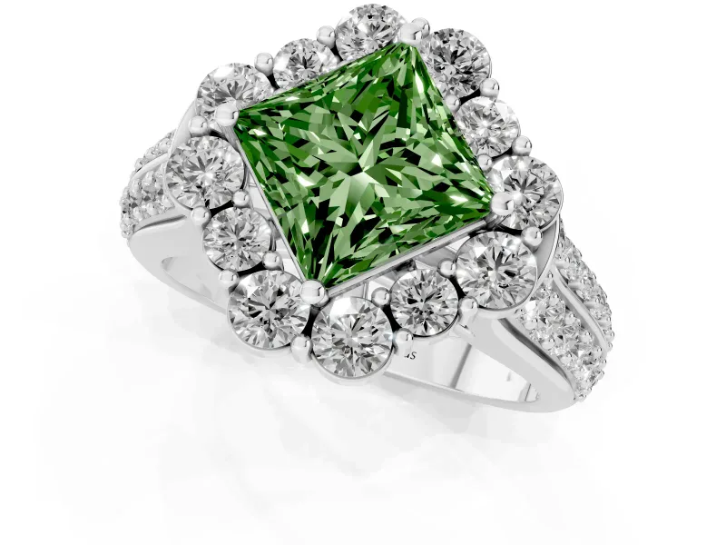 Fancy Green Princess Cut Diamond Halo Engagement Ring Set in Silver with Split Shank and Prong Setting