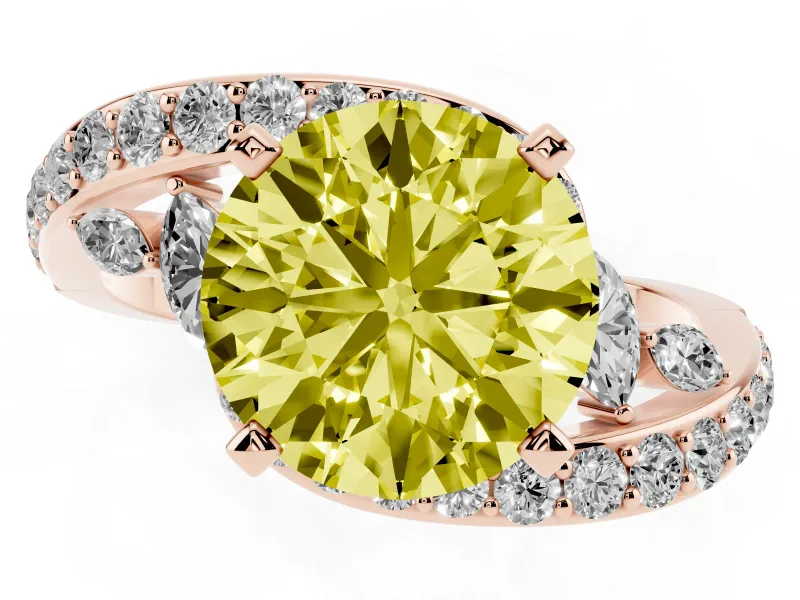 Fancy Yellow Round Cut Diamond Solitaire Ring Set in Rose gold with Pavé Twist Band and Secure Prong Setting