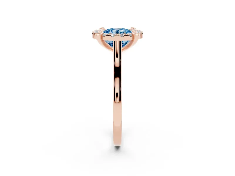 Round Halo Engagement Ring Setting for a Fancy Blue Lab-Grown Diamond | Claw Corners | Rose Gold