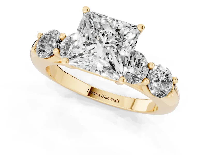 Princess Cut Five Stone Engagement Ring Setting | Prong Set Side Stones | Yellow Gold