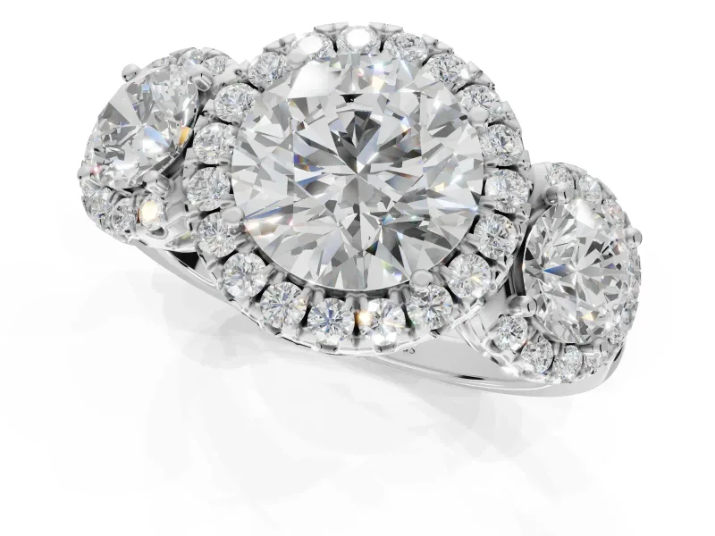 Round Three Stone Halo Engagement Ring Setting | Haloed Side Stones | Platinum