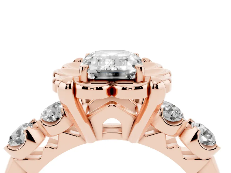 Emerald Cut Floral Engagement Ring Setting | Petal Frame and Side Stones | Rose Gold
