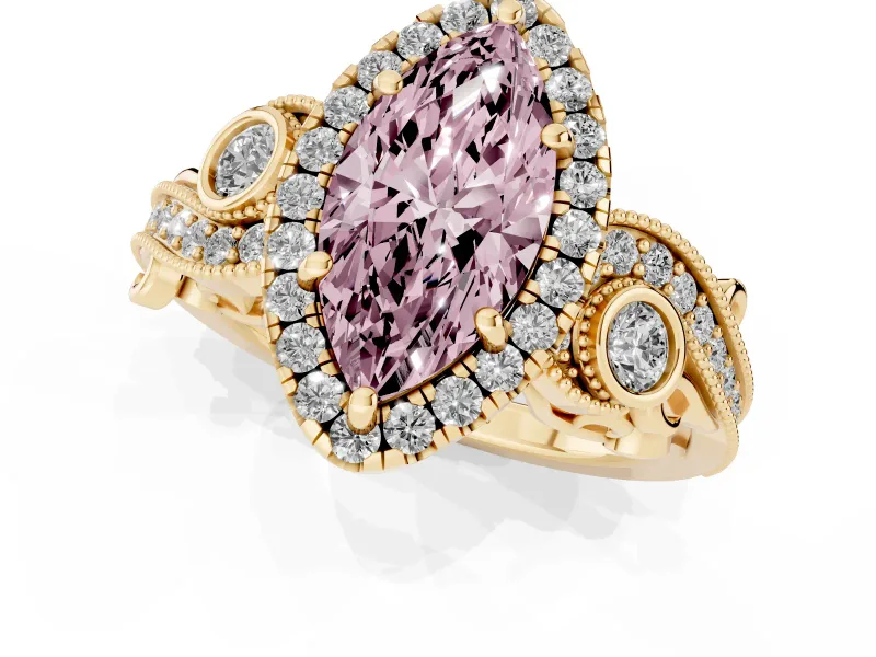 Fancy Pink Marquise Cut Diamond Halo Ring Set in Yellow gold with Milgrain Pavé Band and Prong Setting