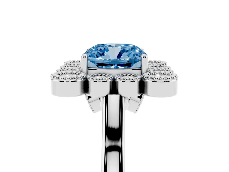 Cushion Cut Milgrain Cluster Halo Engagement Ring Setting for a Fancy Blue Lab-Grown Diamond | Plain Band | Platinum