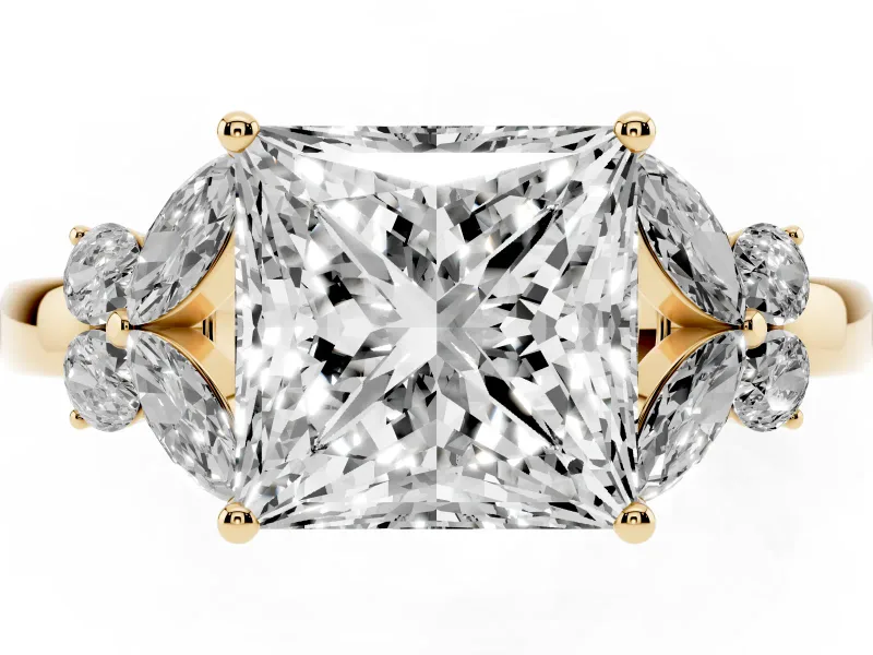 Princess Cut Diamond Solitaire Floral Ring Set in Yellow gold with Marquise Petals and Prong Setting