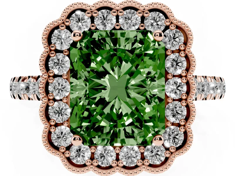 Radiant Cut Milgrain Floral Halo Engagement Ring Setting for a Fancy Green Lab-Grown Diamond | Pavé Band | Rose Gold